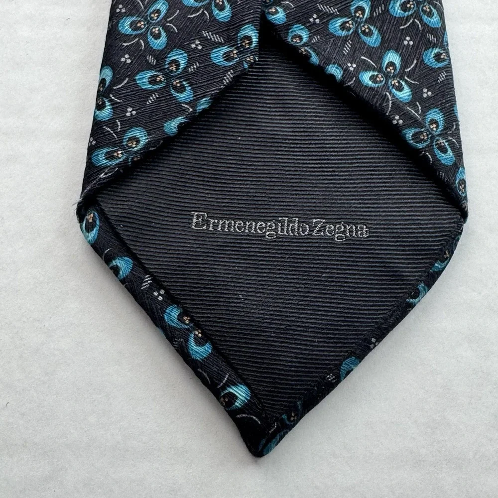 Ermenegildo Zegna Tie Men's Black Teal Geometric Floral Silk Designer Necktie